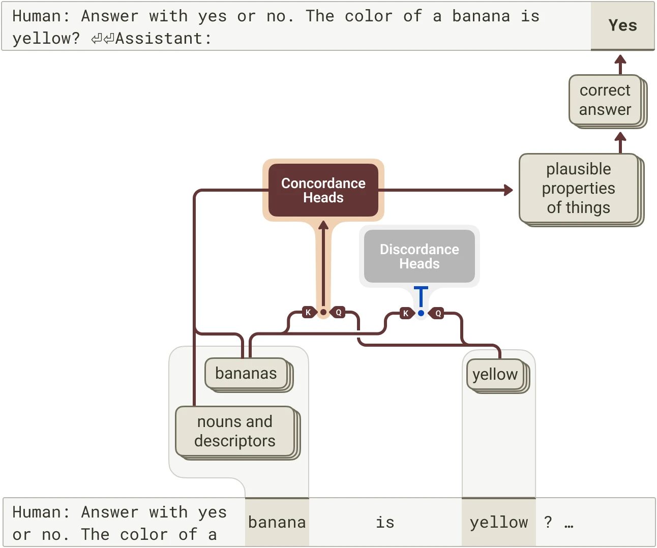 Circuit for the question whether a banana is yellow: banana and yellow features activate concordance heads and inhibit discordance heads, supporting a yes answer