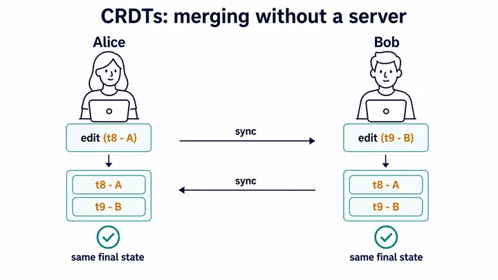 A CRDT diagram where Alice and Bob exchange edits directly without a server, merge logical-clock-tagged updates, and both reach the same final state.