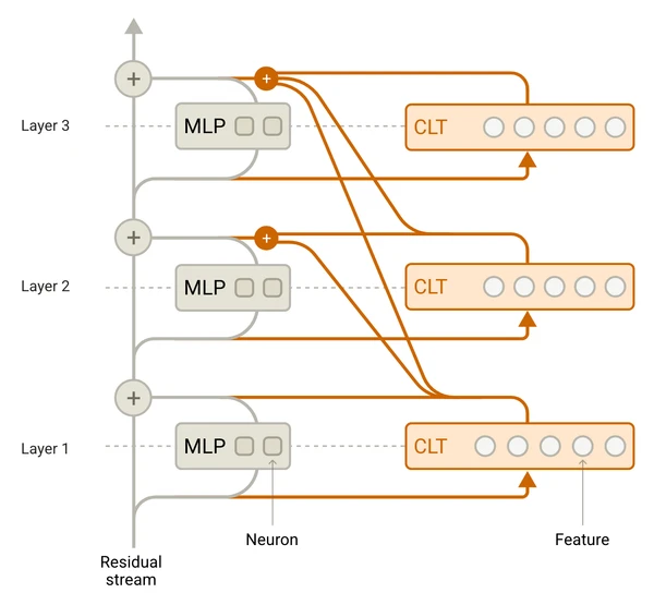 A transformer with MLPs beside cross-layer transcoders whose features read from one residual-stream layer and reconstruct MLP outputs at that and later layers