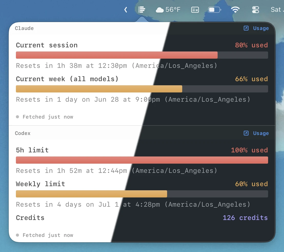 CC Usage Bar in light and dark mode, diagonal split