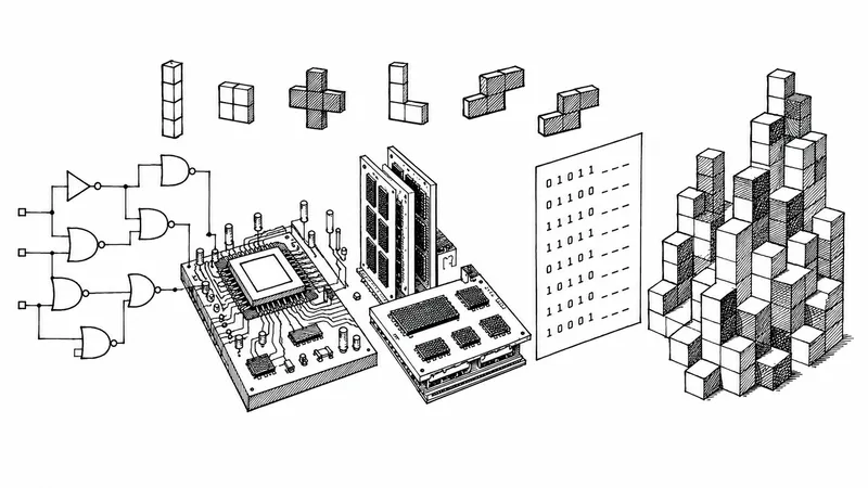 Black-and-white ink illustration showing the progression from logic gates to computer hardware, binary code, and a stack of Tetris blocks, evoking the Nand2Tetris courses path from basic circuits to a working computer.