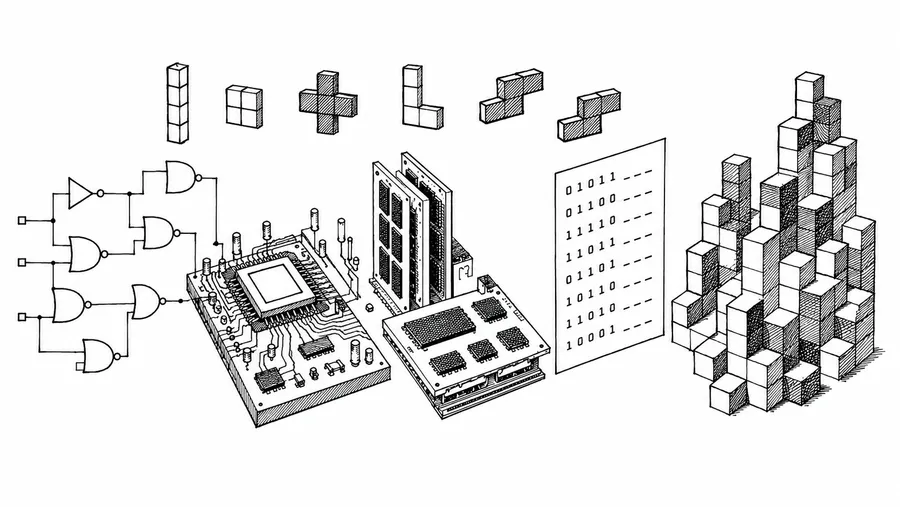Black-and-white ink illustration showing the progression from logic gates to computer hardware, binary code, and a stack of Tetris blocks, evoking the Nand2Tetris courses path from basic circuits to a working computer.