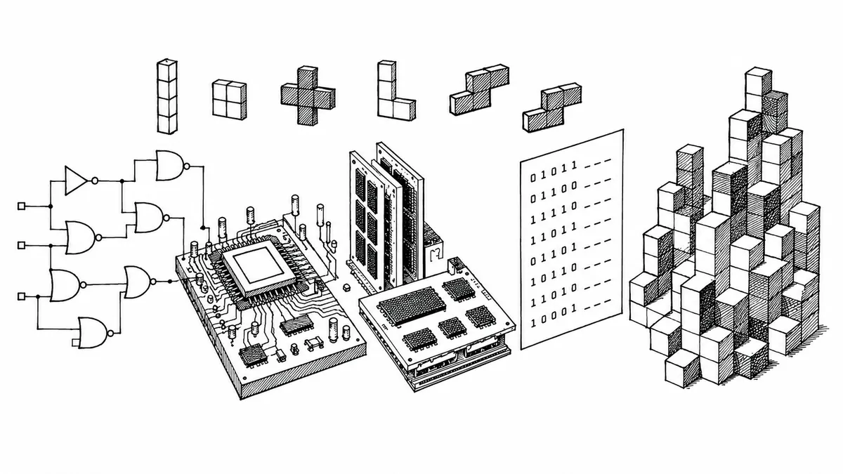 Black-and-white ink illustration showing the progression from logic gates to computer hardware, binary code, and a stack of Tetris blocks, evoking the Nand2Tetris courses path from basic circuits to a working computer.