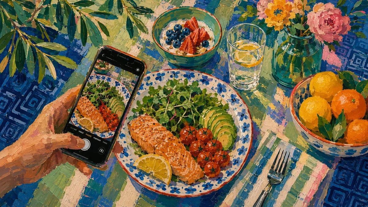 Calorie Tracker add-food composer with search, photo, barcode, and recent-food quick-add controls