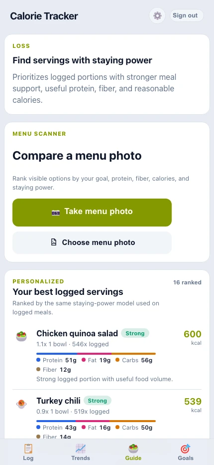 Guide screen with menu scanner and ranked logged servings