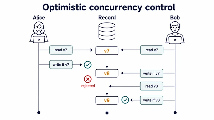 A three-lane optimistic concurrency control timeline where Alice and Bob both read version 7, Alice's write advances the record to version 8, Bob's stale write is rejected, then Bob rereads and succeeds at version 9.