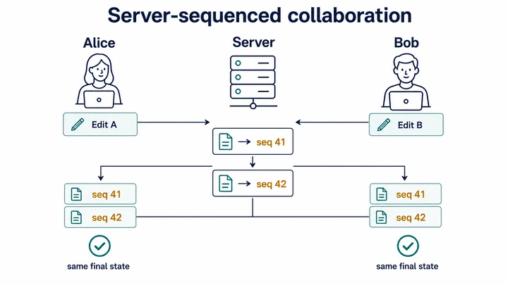 A sequence diagram where Alice and Bob send edits to a central server, which orders them and broadcasts the same final sequence to both clients.