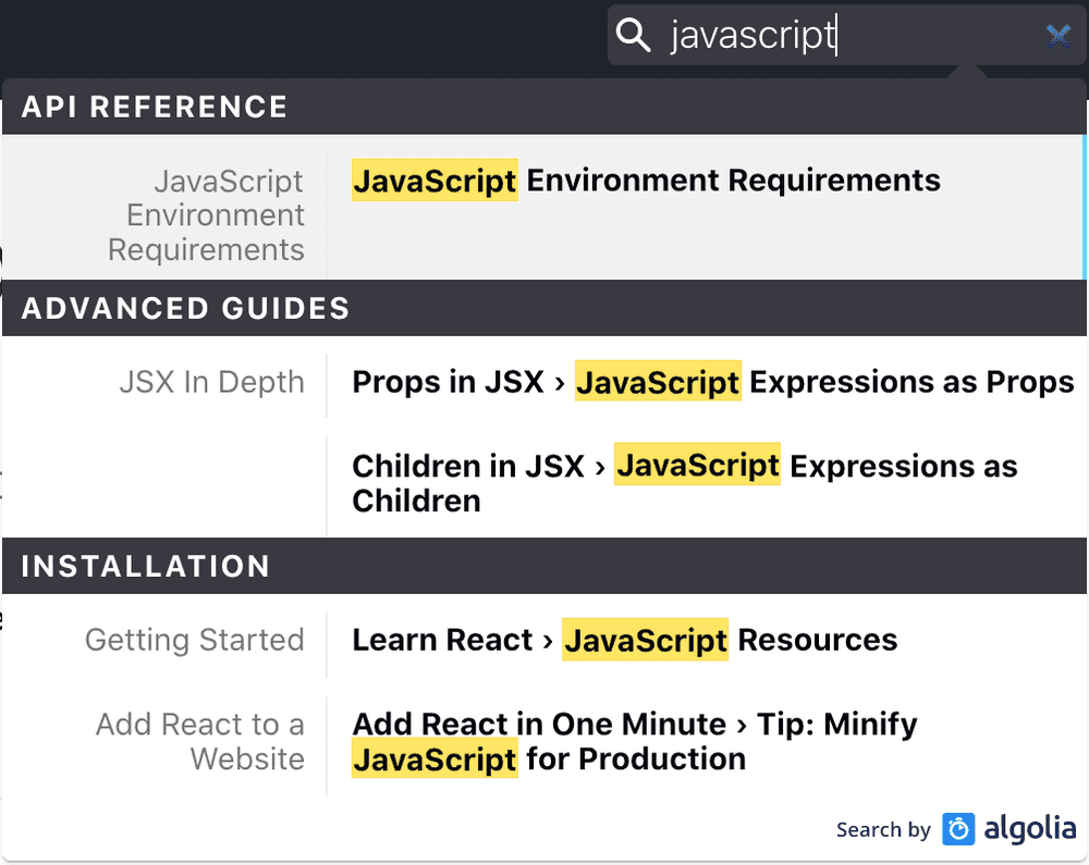 Algolia Docsearch on React docs